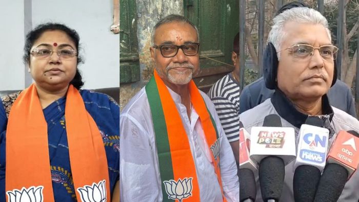 তনুজা চক্রবর্তী, তাপস রায় ও দিলীপ ঘোষ।-ফাইল ছবি