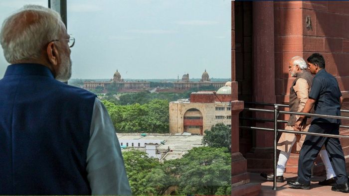 বাঁ দিকে প্রধানমন্ত্রী, ডান দিকে ২০১৪ সালে প্রথমবার অফিসে ঢুকছেন মোদী