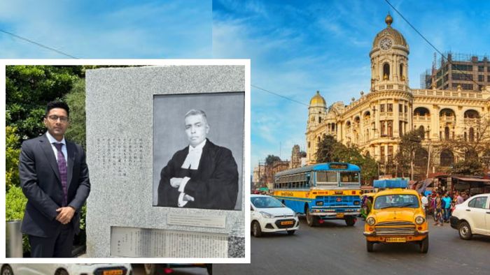 জাপানে রাধাবিনোদ পালের সৌধের সামনে অভিষেক।-ফাইল ছবি