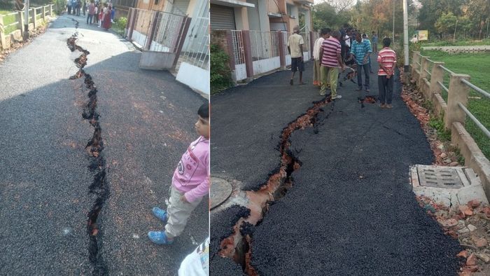 ফাটলের নিচে রাস্তার ঝামার স্তরও দেখা যাচ্ছে বলে জানিয়েছেন স্থানীয়রা।