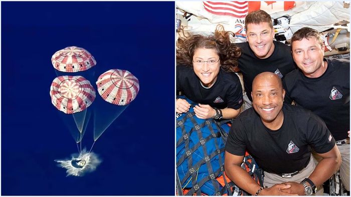 আর্টেমিস II-এর অবতরণ (বাঁ দিকে), মহাকাশচারীরা (ডান দিকে)