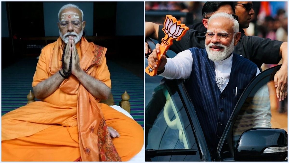 নরেন্দ্র মোদী কন্যাকুমারীতে ধ্যানরত (বাঁ দিকে, ফাইল ফটো), বাংলার প্রচারে (ডান দিকে)
