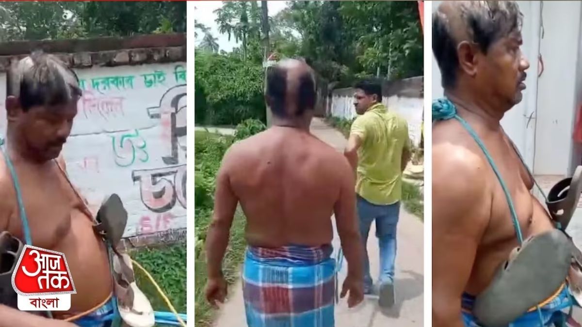 অভিযোগ, মাথা মুড়িয়ে, গলায় জুতোর মালা পরিয়ে এবং কোমরে দড়ি বেঁধে তাঁকে এলাকায় ঘোরানো হয়।
