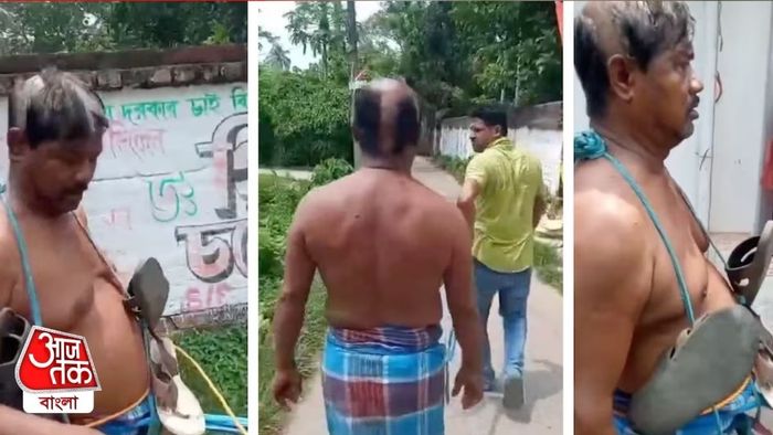 অভিযোগ, মাথা মুড়িয়ে, গলায় জুতোর মালা পরিয়ে এবং কোমরে দড়ি বেঁধে তাঁকে এলাকায় ঘোরানো হয়।