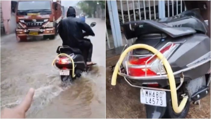 বর্ষায় স্কুটারে পাইপ লাগানো হচ্ছে।-ফাইল ছবি