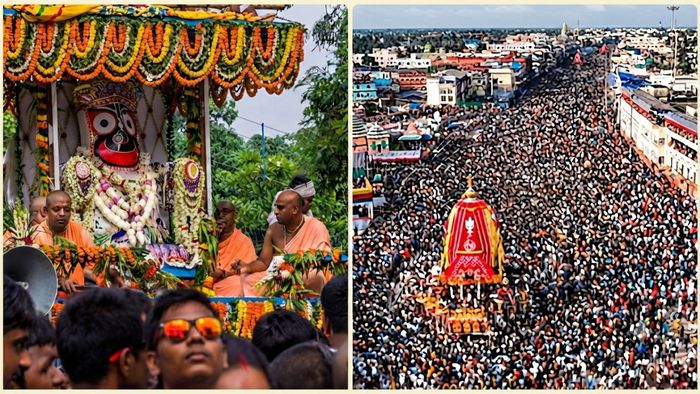 ইসকনের রথযাত্রা (বাঁ দিকে), পুরীর রথযাত্রা (ডান দিকে)
