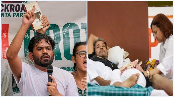 অভিজিৎ দিপকে (বাঁ দিকে), সোনম ও তাঁর স্ত্রী গীতাঞ্জলী (ডান দিকে)