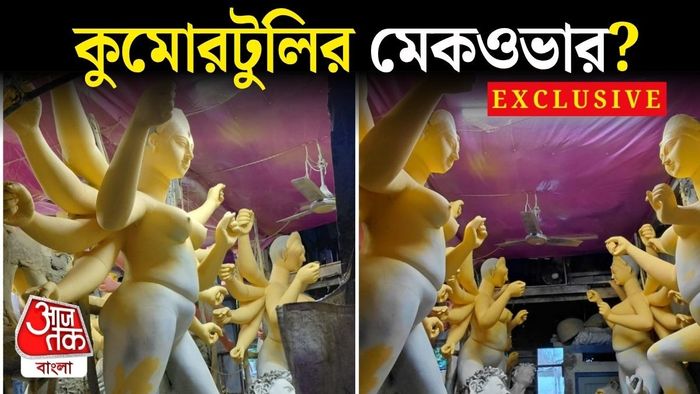 ত্রিপলে ঢাকা টিনের চালের নীচে প্রতিমা