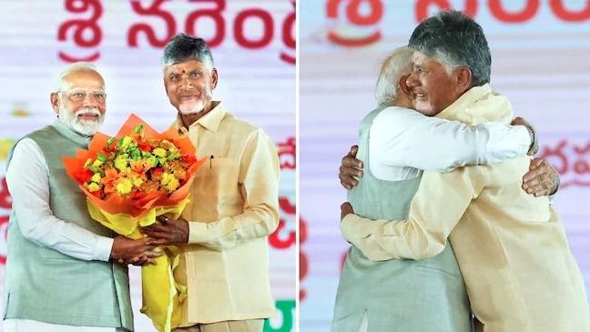 प्रधानमंत्री मोदी ने नायडू को गले लगाकर बधाई दी। 