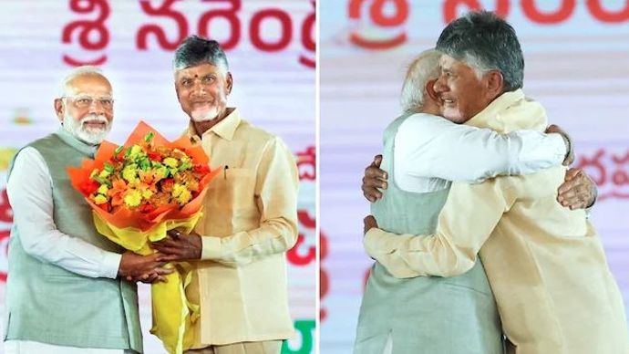 प्रधानमंत्री मोदी ने नायडू को गले लगाकर बधाई दी। प्रधानमंत्री मोदी ने नायडू को गले लगाकर बधाई दी।