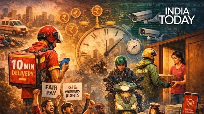 टेन मिनट डिलीवरी को सरकार की ना (Photo: India Today/GenAI) ten minutes delivery