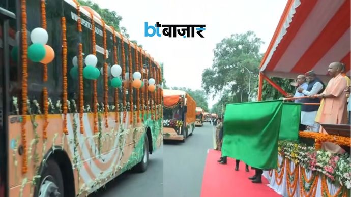 सीएम योगी ने जेवर एयरपोर्ट के लिए इलेक्ट्रिक बसों को हरी झंडी दिखाई।