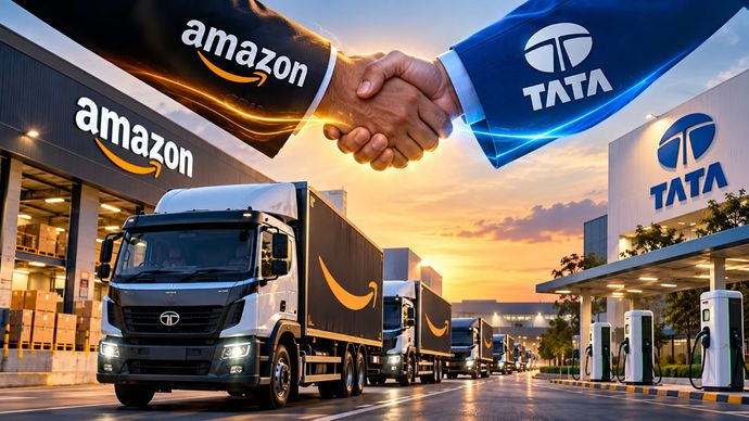 टाटा और अमेजन ने मिलाया हाथ! (AI-generated image) टाटा और अमेजन ने मिलाया हाथ! (AI-generated image)