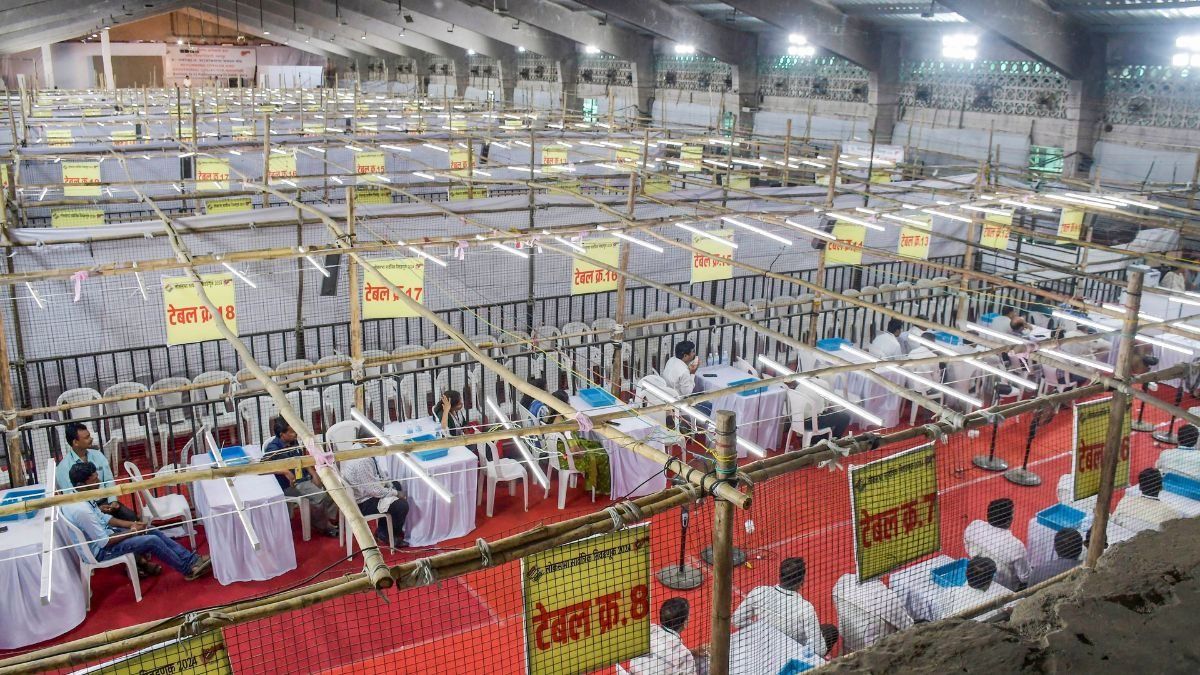 Polling officials carry out preparations at a counting centre in Nagpur
