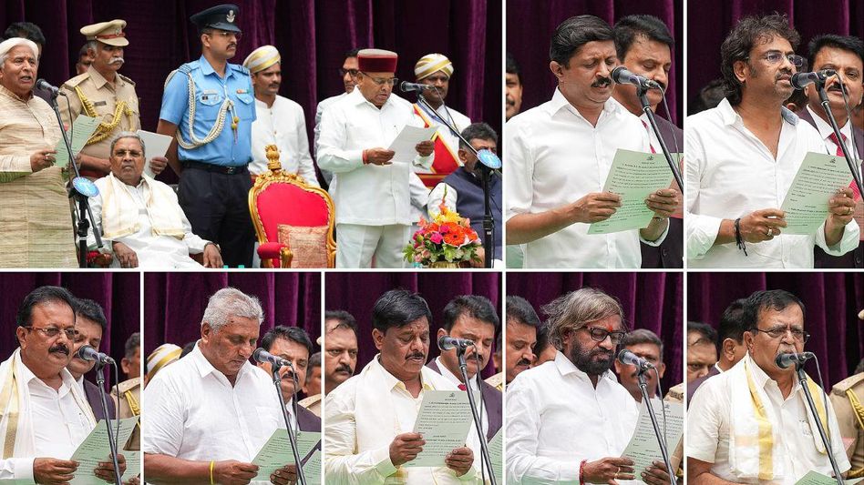 कर्नाटक के राज्यपाल ने शपथ ग्रहण समारोह के दौरान राज्य के कैबिनेट मंत्रियों को पद की शपथ दिलाई. (फोटो पीटीआई)  कर्नाटक के राज्यपाल ने शपथ ग्रहण समारोह के दौरान राज्य के कैबिनेट मंत्रियों को पद की शपथ दिलाई. (फोटो पीटीआई)