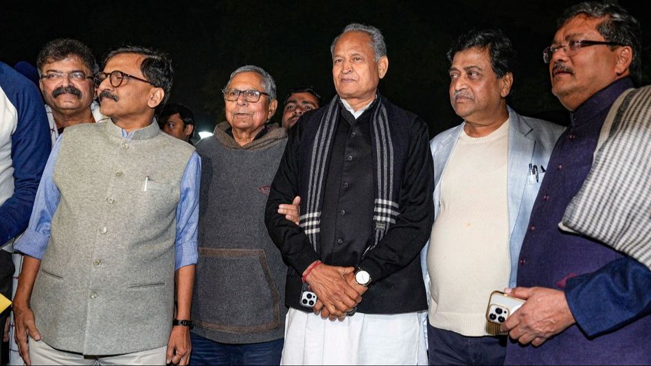 Shiv Sena (UBT) MP Sanjay Raut with Congress leaders Ashok Gehlot, Mukul Wasnik and other opposition leaders Shiv Sena (UBT) MP Sanjay Raut with Congress leaders Ashok Gehlot, Mukul Wasnik and other opposition leaders