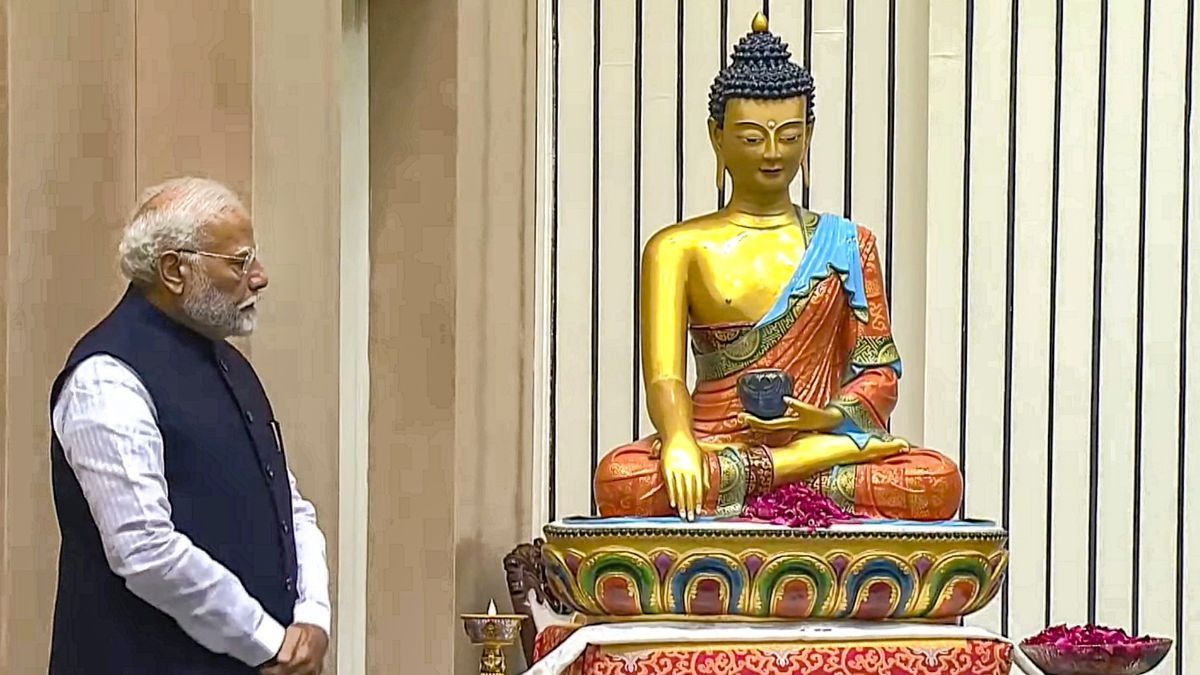 PM Modi during the International Abhidhamma Divas programme in New Delhi PM Modi during the International Abhidhamma Divas programme in New Delhi