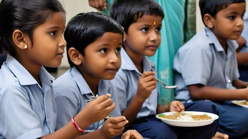 Students having mid day meal  Students having mid day meal