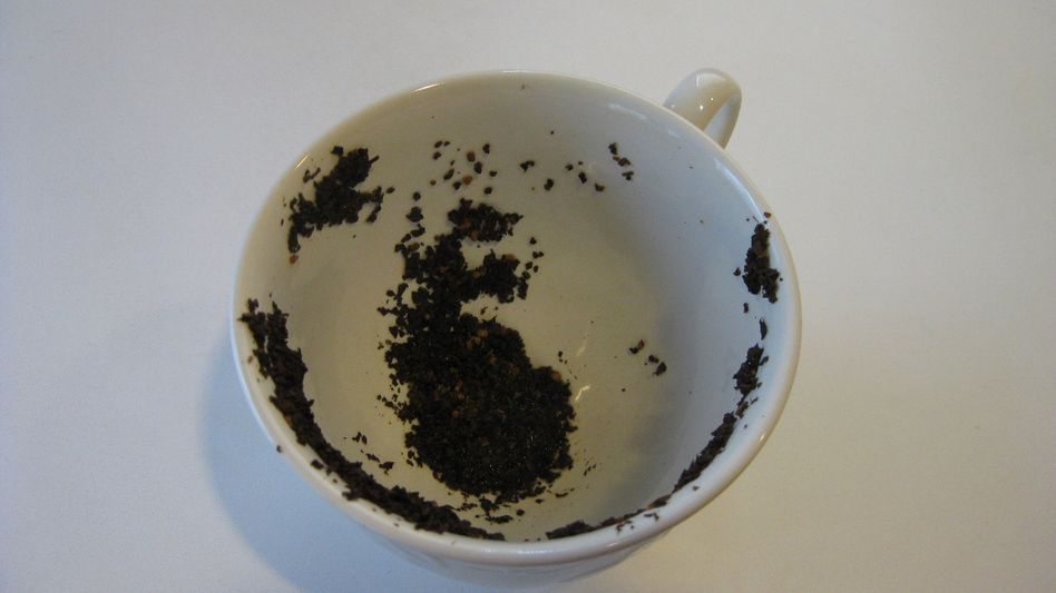 An example of a tea leaf reading (Tasseography), showing what may be interpreted as a dog and a bird on the side of the cup. (Wikipedia) An example of a tea leaf reading (Tasseography), showing what may be interpreted as a dog and a bird on the side of the cup. (Wikipedia)