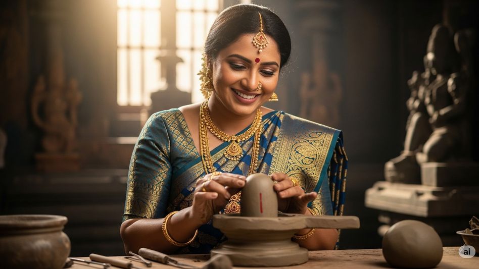 Woman making Parthiv Shivling in Sawan Woman making Parthiv Shivling in Sawan