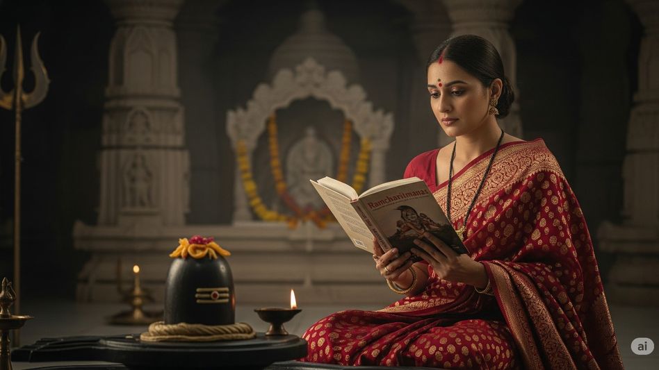 Woman reading Ramayana infront of Shivlinga in Sawan Woman reading Ramayana infront of Shivlinga in Sawan