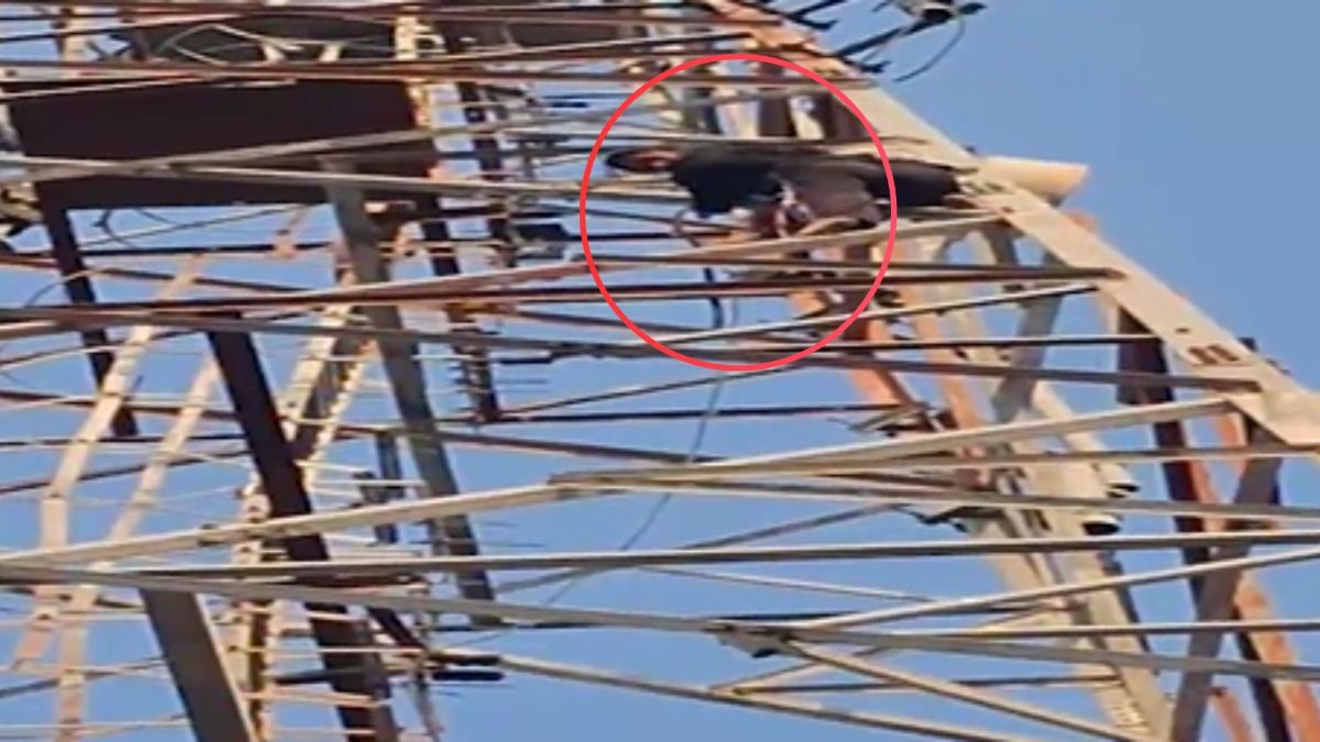 टावर पर चढ़ती महिला