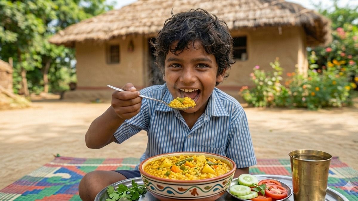 मसाला खिचड़ी खाता हुआ बच्चा (AI MADE IMAGE)