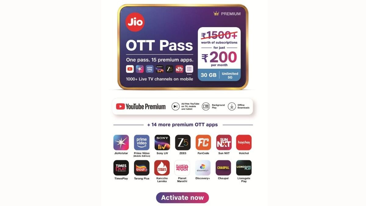 The Rs 200 OTT pass is a single 28-day pack that includes 15 premium OTT apps, over 1,000 live TV channels, and more.