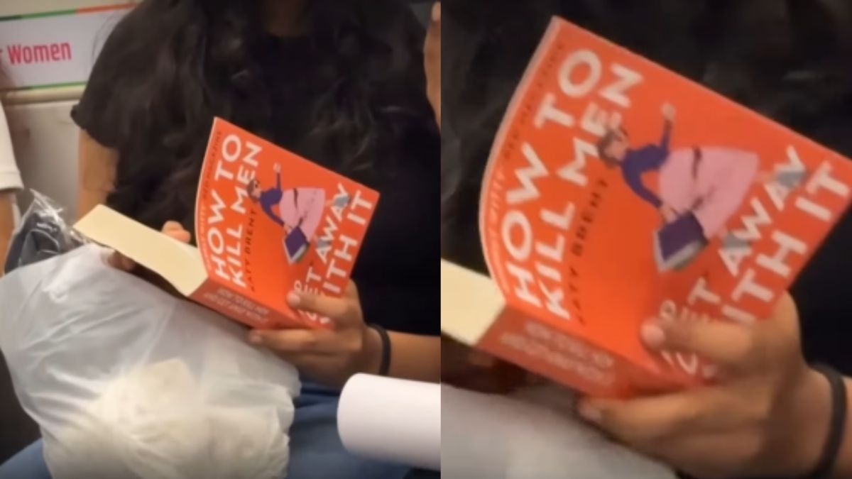woman reading book on metro