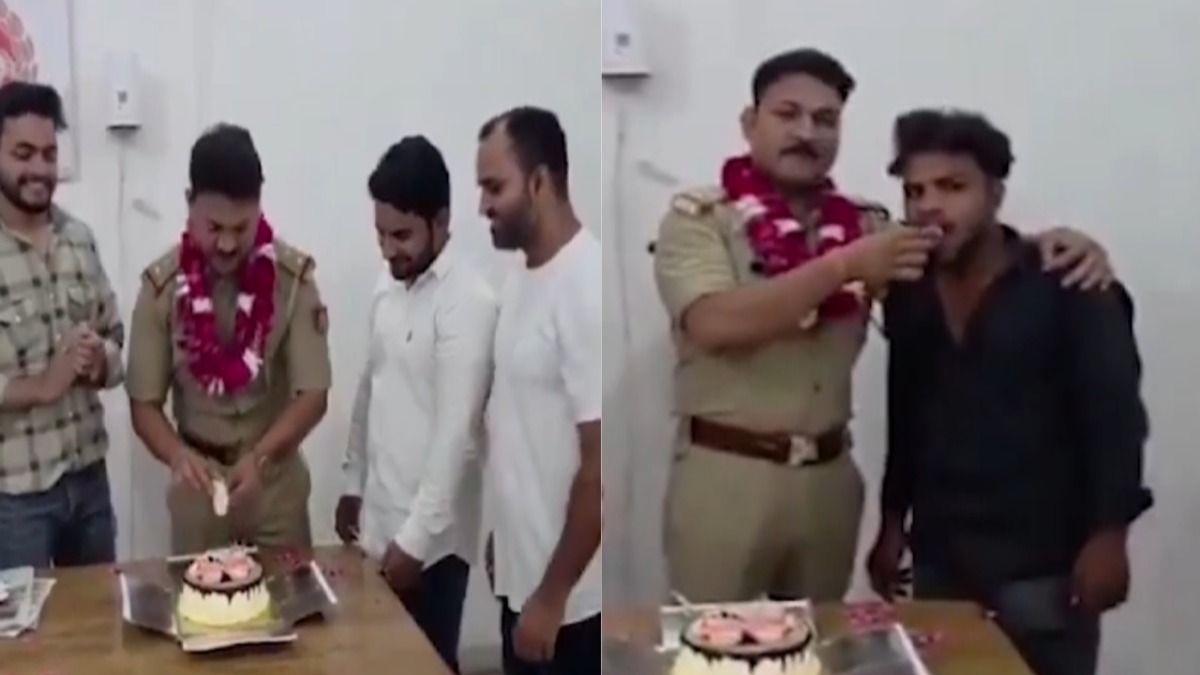 चौकी में बर्थडे मनाते हुए सिपाही