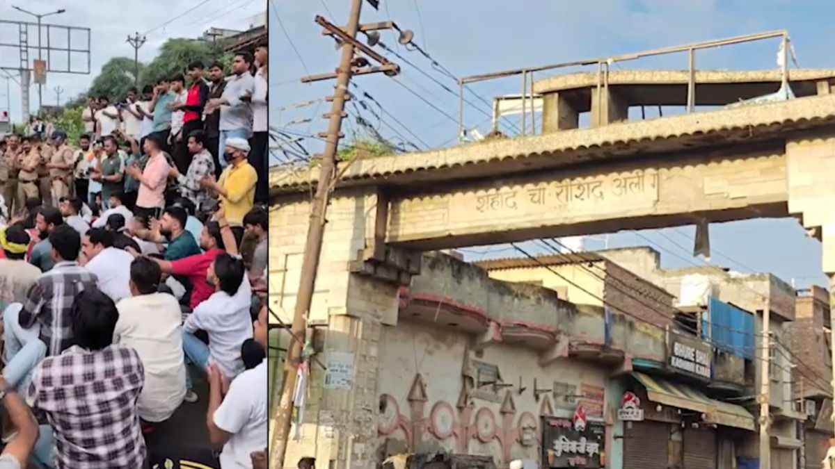 राशिद अली गेट के आगे बैठे हिंदू रक्षा दल के कार्यकर्ता
