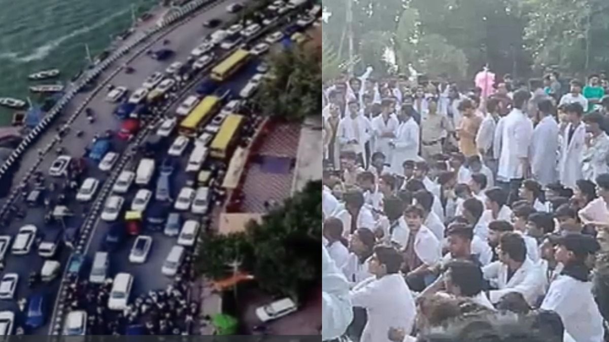 प्रदर्शन करते इंटर्न डॉक्टर और लगा ट्रैफिक जाम