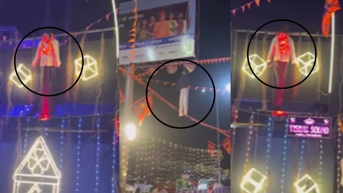 दुर्गा पंडाल में फांसी पर लटकाए गए साहिल-मुस्कान के पुतले, नीले ड्रम कांड  के दोषी हैं प्रेमी-प्रेमिका - Gorakhpur Effigies of Sahil and Muskan hung  from a noose at a Puja ...
