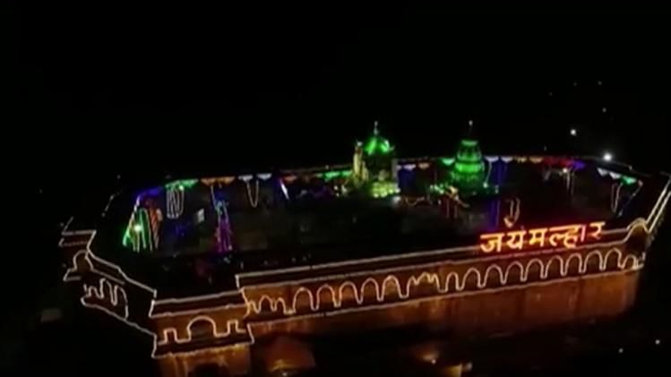 Colorful attractive lighting in Khandoba temple