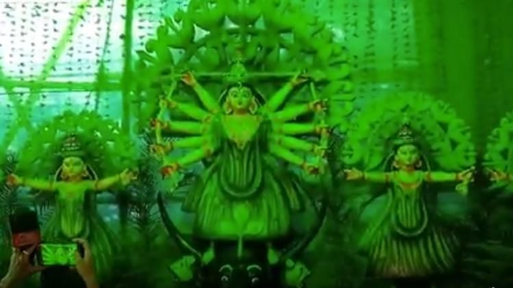 puja pandal is made of tree plants
