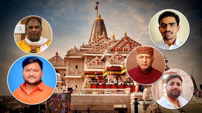 राम मंदिर चंदा विवाद में गिरफ्तार आठ लोगों में से पांच. (नीचे बाईं ओर से घड़ी की दिशा में) अनुकल्प मिश्रा, राम शंकर यादव, करुणेश पांडे, सुभाष चंद्र श्रीवास्तव और लवकुश मिश्रा. (फोटो: ITGD) राम मंदिर चंदे को लेकर विवाद
