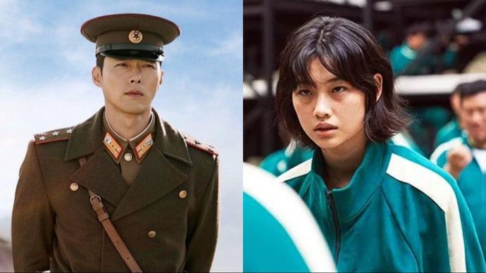 क्रैश लैन्डिंग ऑन यू (बाएं) और स्क्विड गेम (दाहिने) के एक सीन का स्क्रीनशॉट