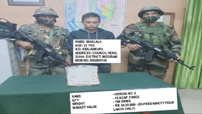 Mizoram: Assam Rifles seize heroin worth Rs 94 lakh in Aizawl, one arrested