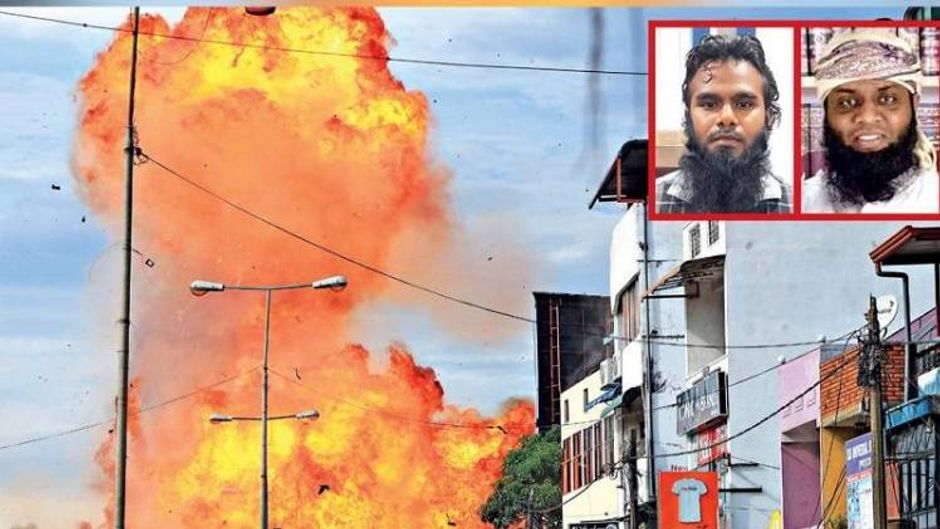 कोलंबो में 22 अप्रैल को तलाशी अभियान के दौरान फटा बम. (इंसेट में) रियास अबूबकर और जहरान हाशिम