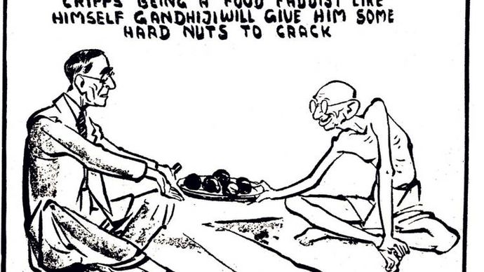 1946 में दिल्ली में क्रिप्स को मेवा खिलाते गांधी जी-इस कार्टून में भारत की आजादी पर बातचीत के दौरान ग