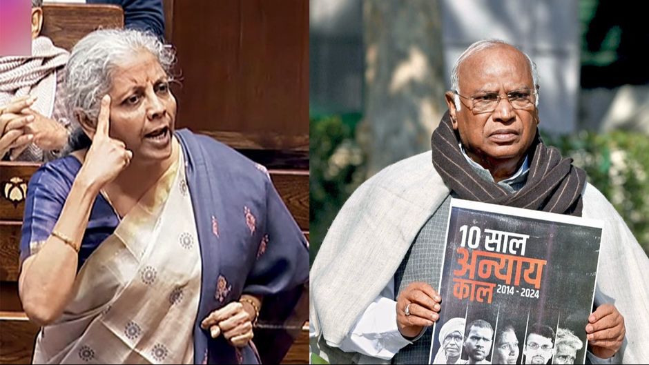 संसद में वित्त मंत्री निर्मला सीतारमण (बाएं), ब्लैक पेपर जारी करते कांग्रेस अध्यक्ष मल्लिकार्जुन खड़गे (दाएं)