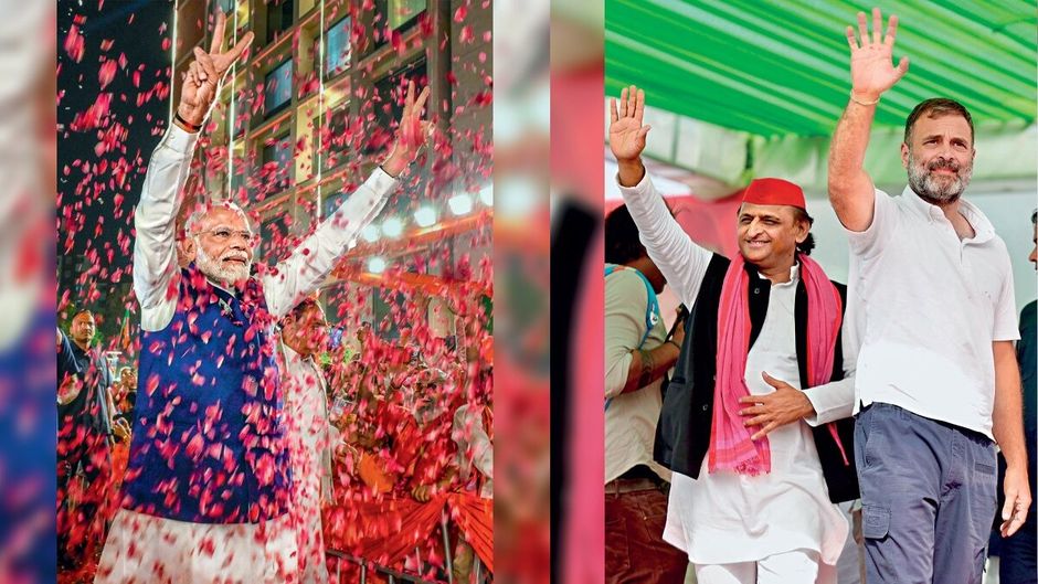 भाजपा मुख्यालय में 4 जून को नरेंद्र मोदी का फूलों से स्वागत; (दाएं) 'यूपी के लड़के' राहुल और अखिलेश ने किया कमाल