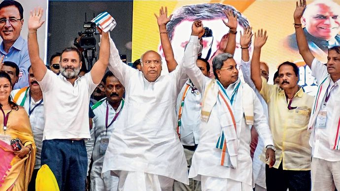 कांग्रेस अध्यक्ष मल्लिकार्जुन खड़गे सांसद राहुल गांधी और सीएम सिद्धारमैया शिमोगा में, मई 2024