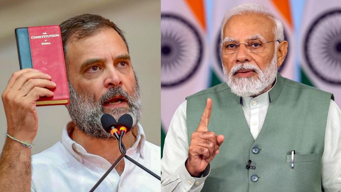 हाथ में संविधान की प्रति लिए राहुल गांधी (बाएं) और नरेंद्र मोदी