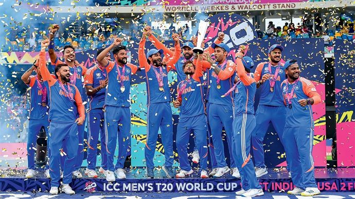 बारबाडोस के केंसिंग्टन ओवल में 29 जून को आईसीसी पुरुष टी20 विश्व कप खिताब जीतने के बाद भारतीय टीम