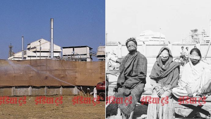 (बाएं) भोपाल का यूनियन कार्बाइड संयंत्र, (दाएं) हादसे में पीड़ित लोग