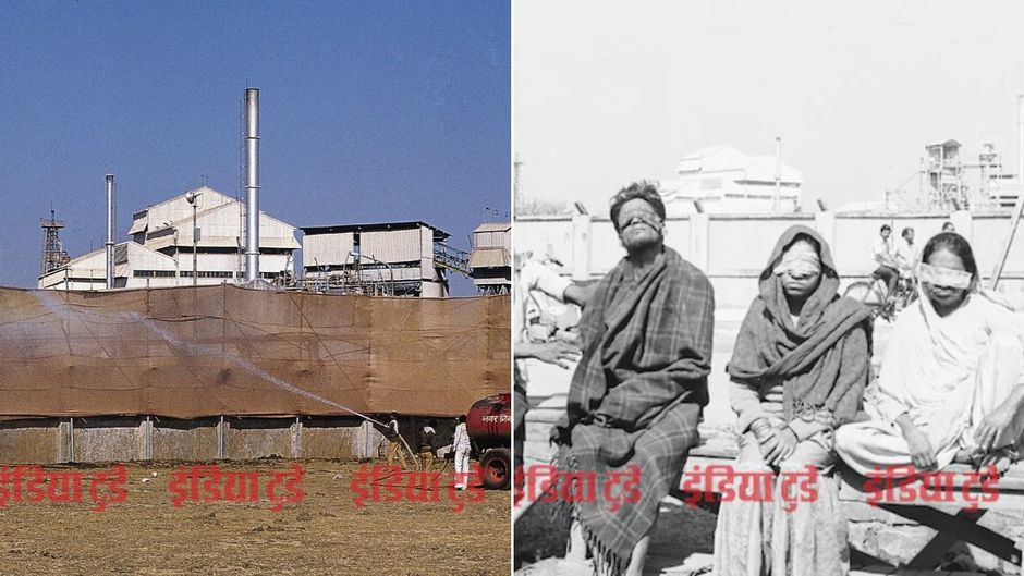 (बाएं) भोपाल का यूनियन कार्बाइड संयंत्र, (दाएं) हादसे में पीड़ित लोग