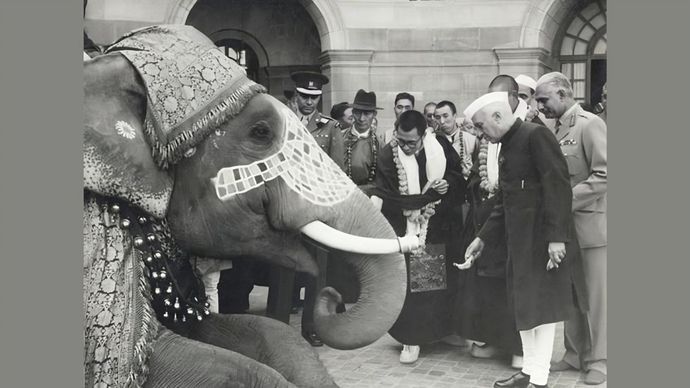 राष्ट्रपति भवन में एक हाथी के साथ जवाहरलाल नेहरू, दलाई लामा व अन्य (दिसंबर, 1956)/विकीमीडिया कॉमन्स