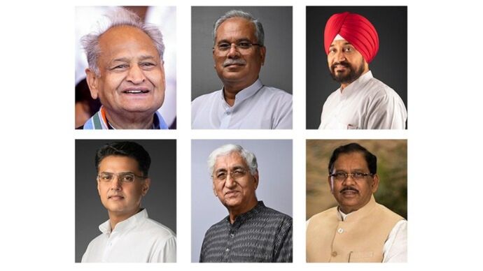 (ऊपर में बाएं से) अशोक गहलोत, भूपेश बघेल और चरणजीत सिंह चन्नी, (नीचे में बाएं से) सचिन पायलट, टीएस सिंहदेव और डॉ. जी परमेश्वर