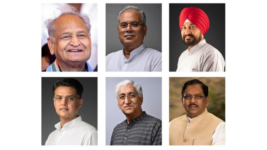 (ऊपर में बाएं से) अशोक गहलोत, भूपेश बघेल और चरणजीत सिंह चन्नी, (नीचे में बाएं से) सचिन पायलट, टीएस सिंहदेव और डॉ. जी परमेश्वर